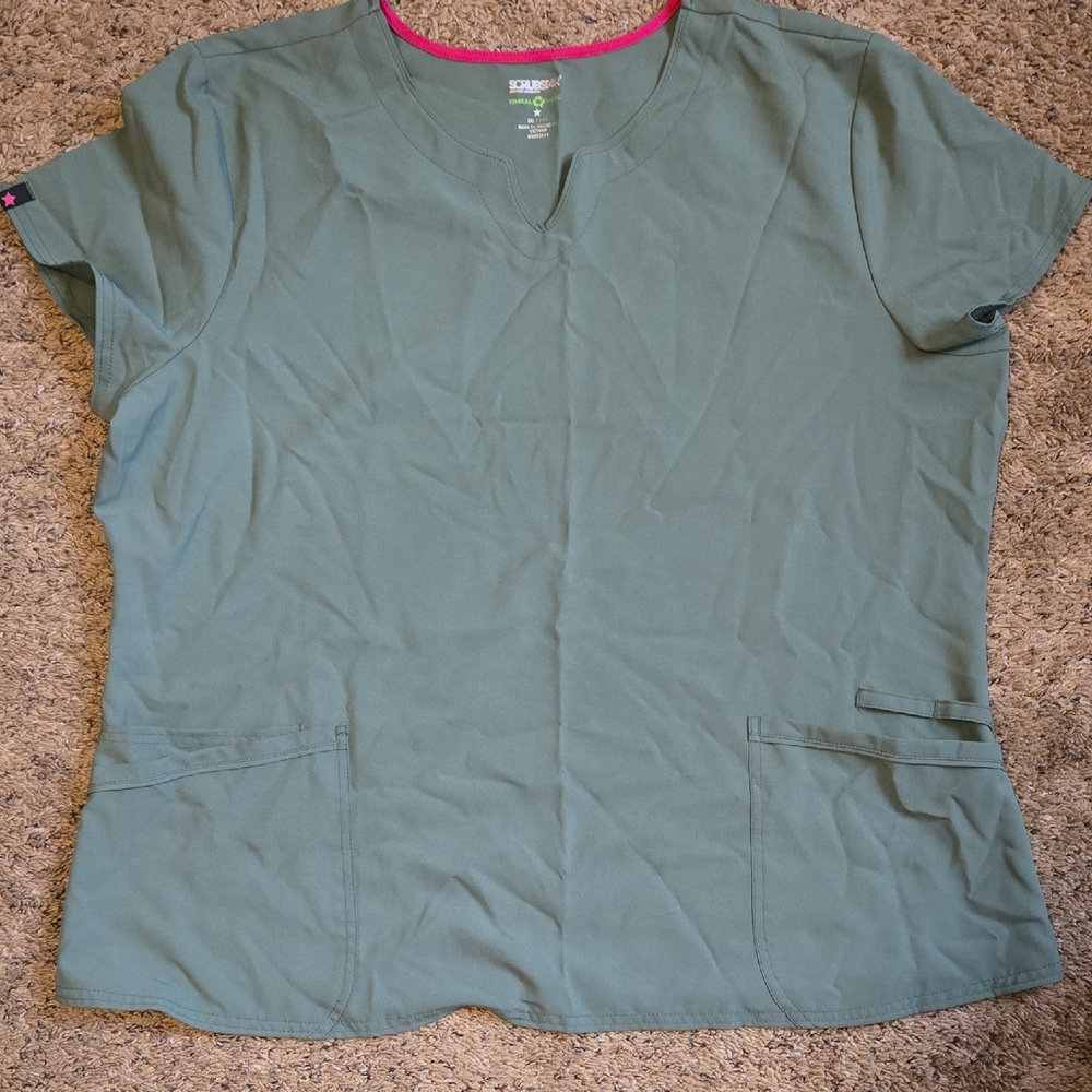 Koi Olive Green Scrub Top with Pink Trim